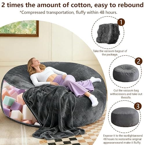 Big Bean Bag Chairs for Adults ，6FT Bean Bag Chair with Filler Memory Foam Chair Super Soft Plush, Living Room Furniture, Suitable for bedrooms, Comfy Lounge Reading Chairs (DarkGrew, 6FT) thumbnail 4