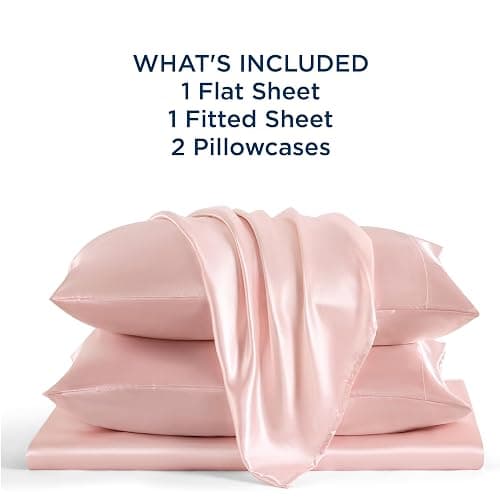 Bedsure Pink silk Sheets Queen Size - 4 Piece Silky Bedsheets with 15 Inches Deep Pocket Fitted Bedsheet,1 Flat Sheet, 2 Satin Pillowcases, Good for Hair & Skin (Queen, Peach Pink) thumbnail 7