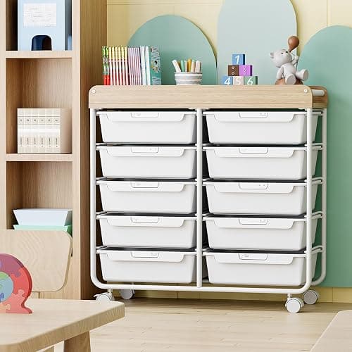Meuble de rangement à roulettes en plastique avec 10 tiroirs, chariot à roulettes avec tiroirs, chariot de rangement pour salle de bain, cuisine, salon et chambre à coucher, Blanc thumbnail 2