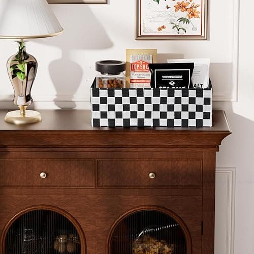 BinWhiz 2-Pack Checker Pattern Woven Bins, 16” Ribbon Metal Wire Desk Organizer, Drawer Dresser Baskets, Countertop Toilet Paper Storage Containers (Black & White) thumbnail 7