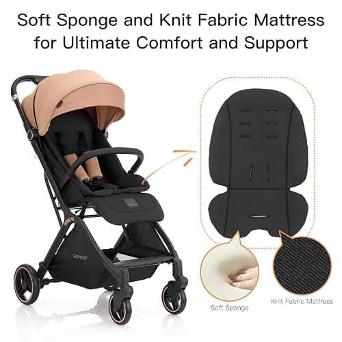 Gromast Gravity Folding Baby Stroller - Portable Travel Toddler Stroller w/Adjustable Backrest, Canopy & Cup Holder, Lightweight and UV Protected, One-Hand Automatic Folding - Khaki thumbnail 3