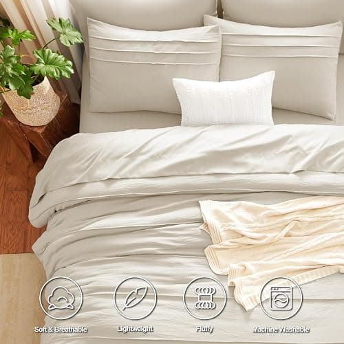 CozyLux Comforter Set Queen Size, Beige 7 Pieces Soft Pinch Pleat Bed in a Bag Queen Comforter Set with Sheets, Boho Bed Set with Down Alternative Comforter, Sheets, Pillowcases & Shams thumbnail 2