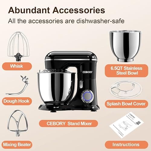CEBORY 3-IN-1 Electric Stand Mixer, 6.5QT Bowl 660W 10-Speed Kitchen Mixer, Household Food Mixers include Dough Hook, Beater and Whisk, Bread Cake Mixer for Baking and Most Home Cooks, Black thumbnail 3