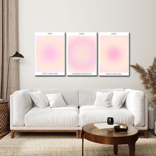 Trendy Aesthetic Canvas Wall Art Aesthetic Set of 3 | Gradient Psychedelic Aura Angel Posters Prints Room Decor | Pink Wall Art Decor for Bedroom, Living Room - Framed 16x24 Inch - 16"x24"x3 Framed - Pink thumbnail 8