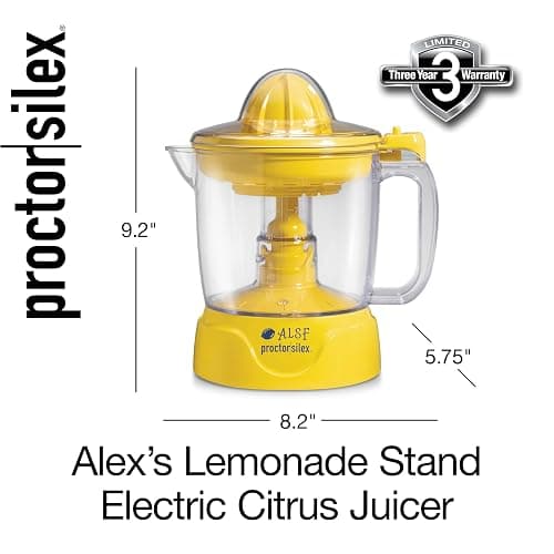 Proctor Silex Alex's Lemonade Stand Electric Citrus Juicer Machine, Large 34 oz. Pitcher, Pressure Activated, for Lemons, Limes and Oranges, 34 oz, Includes 2 Reamers & Recipe Book, Yellow (66341) thumbnail 8