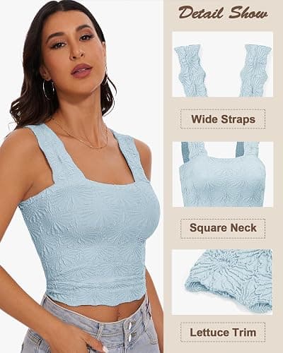Women's Square Neck Wide Strap Crop Tank Tops Slim Fit Sleeveless Going Out Top Flower Lettuce Trim Cami Tops thumbnail 3