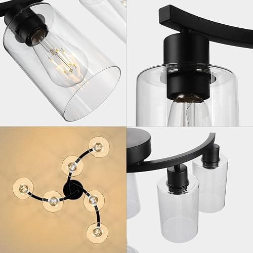 CNRATYE 6-Light Modern Farmhouse Black Chandelier, Contemporary Dining Room Light Fixture, Adjustable Height Hanging Industrial Pendant Lights Kitchen Island, Clear Glass Shade thumbnail 7
