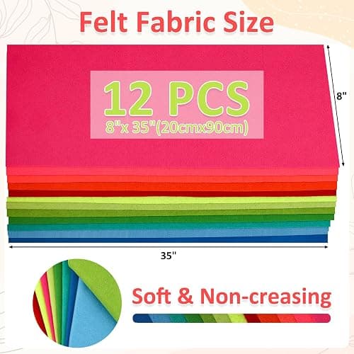 XSEINO 12 Rolls 8"x35"(20.5x90cm) 1.4mm Thick Soft Felt Fabric Sheet 12 Assorted Neon Series Colors Felt Pack for DIY Craft Sewing Squares Nonwoven Patchwork thumbnail 3