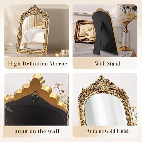 YUSONG Vintage Makeup Desk Mirror - 7" Gold Antique Mirror for Tabletop Resin Frame Decorative Wall Art for Living Room, Bedroom Decor, Vanity Table thumbnail 5