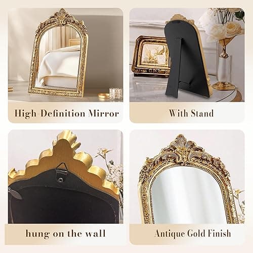 YUSONG Vintage Makeup Desk Mirror, Antique Gold Arched Tabletop Mirror with Resin Frame - Decorative Wall Art for Living Room, Bedroom Decor, Retro Table 9.3" x 5.7" thumbnail 5
