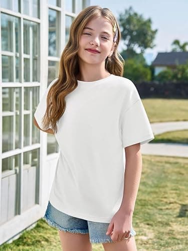Haloumoning Girls Short Sleeve T Shirts Kids Summer Oversized Tops Casual Crewneck Basic Tees 5-14Y thumbnail 2