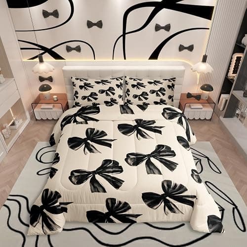 Erosebridal Bow Bedding Set Queen Black Bow Tie Bedding Comforter Sets for Kids Teen Adults Room Decor,Watercolor Bowknot Comforter Set Black White Simple Decor Bed Duvet Set thumbnail 2