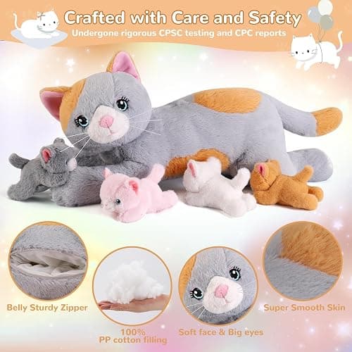 gnomantic 5 Pieces Cat Stuffed Animals with Babies Inside Belly - 1 Mommy Stuffed Cat with 4 Kittens - Stuffed Kitty Plush Toys for Kid Age 3-8, Gift Ideal for Christmas, Valentine's, Birthday (Grey) - Grey Cat thumbnail 4