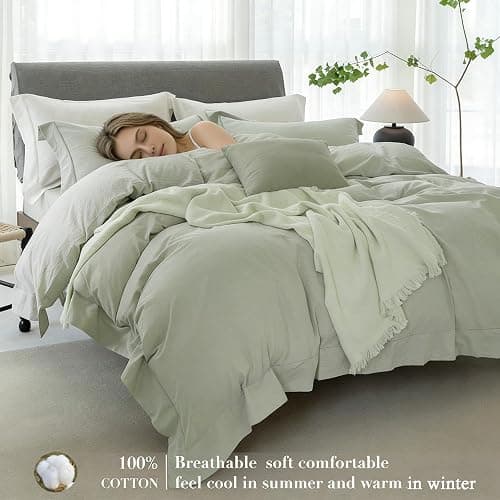 ELIMMO Cooling Twin Duvet Cover Set-100% Washed Cotton with Chic Wide Trim Design Linen Like Textured Ultra Soft Cozy Bedding with Zipper Closure(Hemmed Sage Green,Twin/Twin XL 68"x90") thumbnail 3
