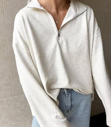 LAVASEON Womens Oversized Half Zip Lapel Sweatshirt Solid Color Casual Long Sleeve Cropped Pullover Top thumbnail 2