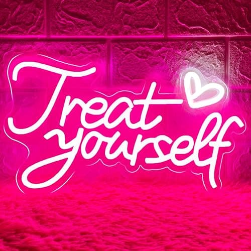 HOHOSIGN Treat Yourself Neon Sign for Wall Decor, LED Pink Neon Sign Treat Yourself Light with Heart, Room Decorations for Bedroom, Birthday Party, Wedding, Salon, Bar, Esthetician, Home, Girl Cave - Treat Yourself - Image 1