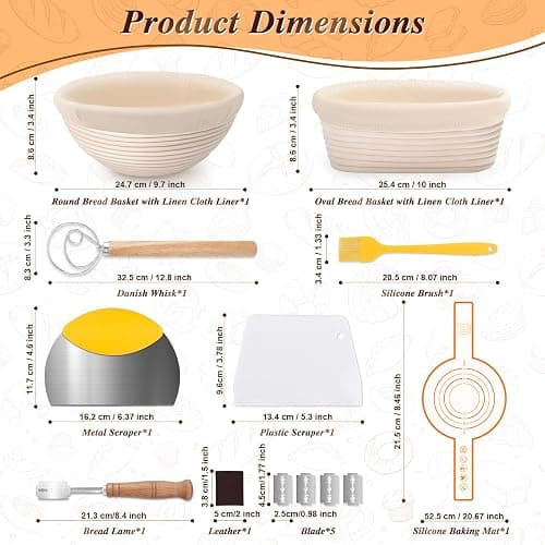 Banneton Basket Set of 2, 10" Oval & 9.7" Round Banneton Bread Proofing Basket with Liners, Bread Lame, Silicone Baking Mat, Danish Whisk, Brush, Proofing Bowls Sourdough Starter Kit Tools thumbnail 4