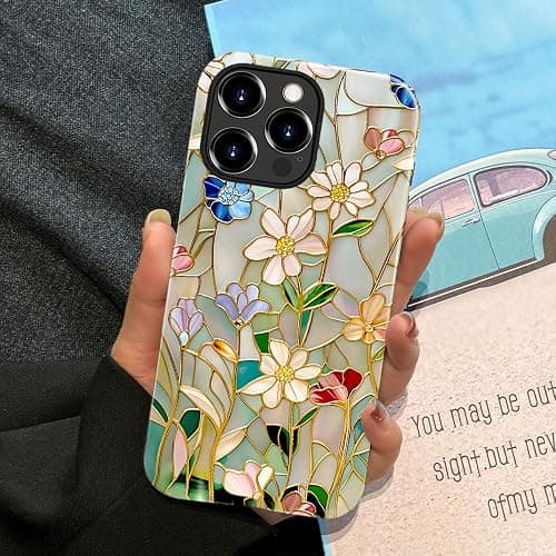 TnXee Case Compatible with iPhone 13 Pro Max,Fall Prevention Bright Hybrid 2-Layer Hard Shell Phone Case for Girls Boys,Stained Glass Bloom Flower thumbnail 5