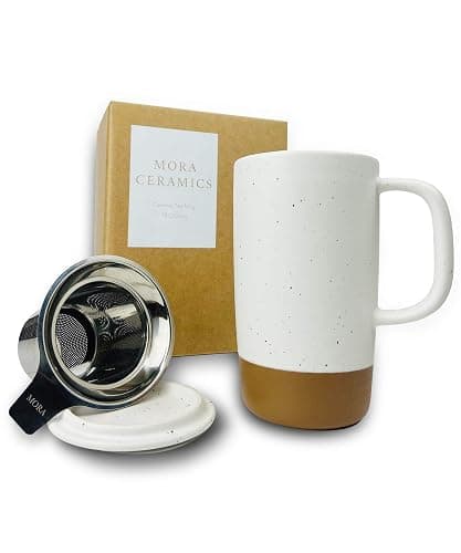 Mora Ceramics Large Tea Mug with Loose Leaf Infuser and Ceramic Lid, 18 oz, Portable, Microwave and Dishwasher Safe, Tall Coffee Cup - Rustic Matte Ceramic Glaze, Modern Herbal Tea Strainer, Cotton - Image 1
