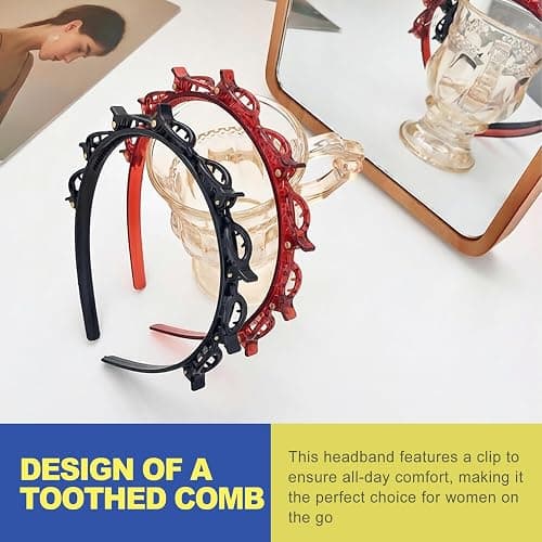 CepuXozi 2 Pack Headband with Clips for Women, Non-Slip Double Layer Braided Hair Band with Teeth, Styling Tool Accessories for Bangs and DIY Hairstyles, Black and Brown thumbnail 4