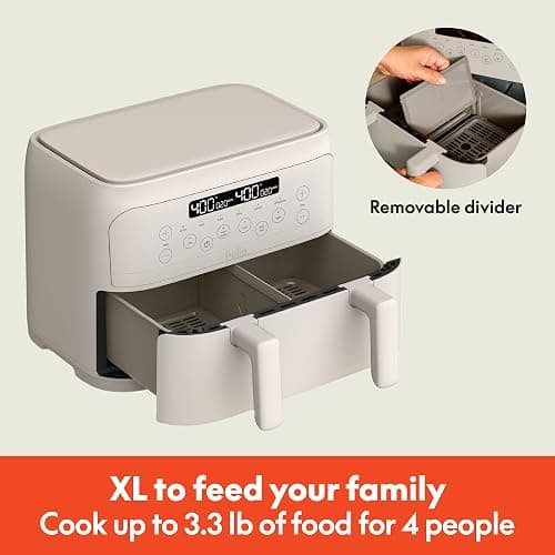bella 4 Qt TriZone Air Fryer, EverGood™ Ceramic Nonstick Coating, Dual Basket Design w Removable Divider, Digital Touchscreen Control w 6 Preset Cooking Options, 1200 Watt, 3lb Capacity, Oatmilk thumbnail 3