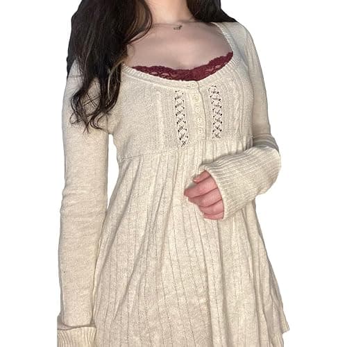 Tsultryofs Y2K Fairy Grunge Knit Long Sleeve Tunic Tops Low Cut Peplum Babydoll Blouse Button Down Harajuku 90s Sweater thumbnail 2
