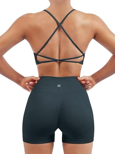 SUUKSESS Women Seamless Workout Sets Strappy Sports Bra High Waist Booty Shorts Outfits thumbnail 2