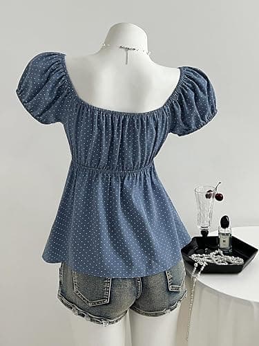 Verdusa Women's Cute Babydoll Tops Polka Dots Flowy Going Out Outfits | Peplum Tops For Teen Girls, Summer Flowy Tops, Gingham Tops, Bubble Sleeve, Y2K Outfits thumbnail 3