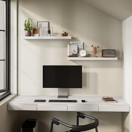 BAMEOS Floating Shelves, 35 in W x 7in D White Wall Mounted Wooden Shelves with Invisible Brackets Set of 2, Hanging Wall Shelves Decoration for Bedroom and Kitchen thumbnail 2
