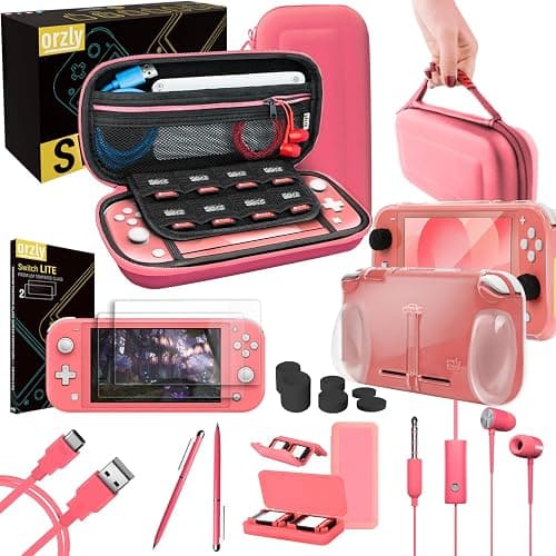 Orzly Accessories Bundle Compatible for use with Nintendo Switch Lite - Protective Case & Screen Protector, USB Cable, Games Holder, Grip Case, Headphones, Thumb-Grip Pack & More (Coral) - Image 1