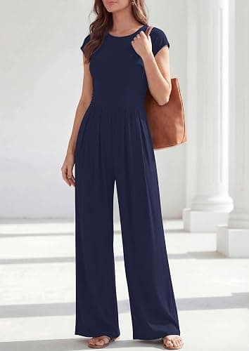 PRETTYGARDEN Summer Jumpsuits for Women Dressy Casual | Soft Ribbed Fabric, Crewneck Cap Sleeve, Back Zipper, Pockets, Wide Leg Pants Rompers, One Piece Outfits, Work Office Clothes thumbnail 3