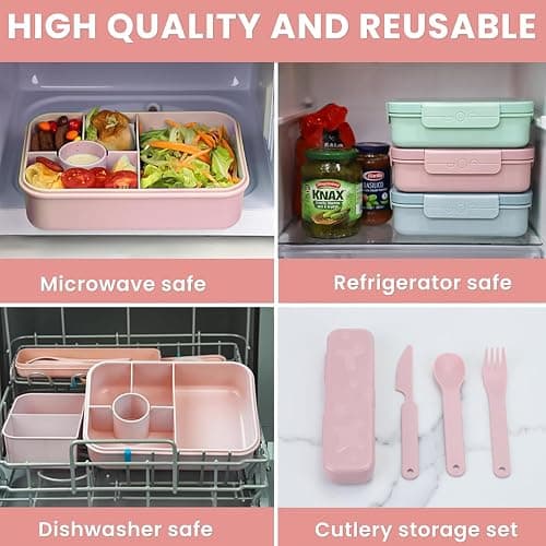 Bugucat Brotdose Kinder mit Fächern 1300ML, Auslaufsicher Lunchbox Kinder, Bento Box mit Besteckset, Brotdose für Erwachsene,Vesperdose Frühstücksbox für Mädchen & Jungen Rosa thumbnail 5
