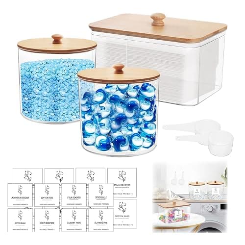 3 Stück Waschmittel Pods Aufbewahrung, Wäsche Pods Behälter mit Etiketten und Löffeln, Waschpulver Aufbewahrungsbox mit Deckel Waschküche Organizer für Pulver Perlen Duft-Booster Trockner Blatt - Image 1