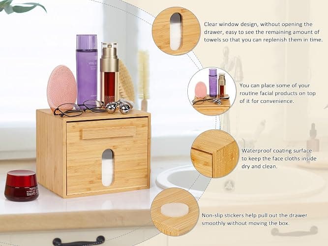 Disposable Face Towel Holder Bamboo Storage Box, Facial Towels Container Box with Drawer, Clean Towel XL Organizer for Bathroom(Excluding Facial Towels) thumbnail 4