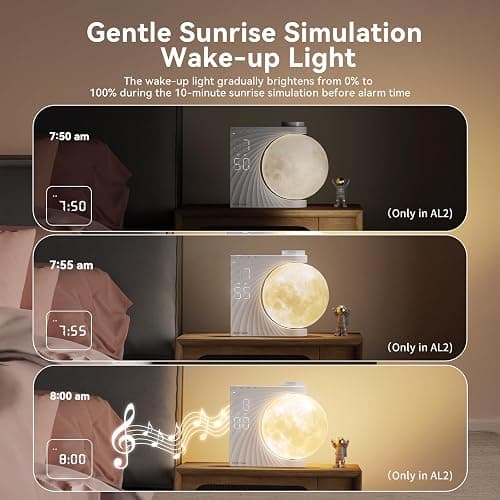 RETEYUNG Mondlampe mit Tageslichtwecker, 2 Wecker, Mondlicht RGB 8 Colors, 10 Natürlicher Klang, Nachttischlampe 3 Stufige Nachtlicht Wake up Light für Schlafzimmer Wohnzimmer (Weiß) thumbnail 5