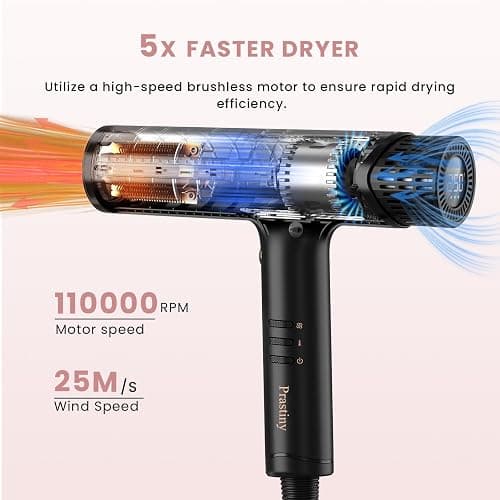 Prastiny Hair Dryer with Diffuser: Professional High Speed Quiet Ionic Blow Dryer - Intelligent Heat Control - Lightweight Portable Travel & Home for Women & Stylists Frizz Free Styling SGS Certified thumbnail 2