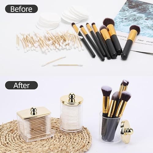 Tbestmax 3 Pack Qtips Dispenser - Bathroom Organizers and Storage Containers, Plastic Apothecary Jars with Gold Lids for Cotton Ball Swab Round Pads, Floss - Gold thumbnail 6