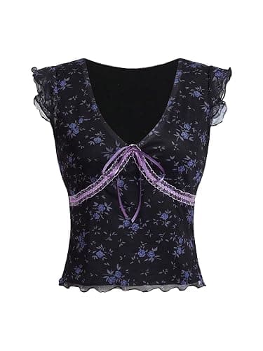 Floerns Women's Contrast Lace Sleeveless Tie Front Mesh Vintage Tee Top - Image 1