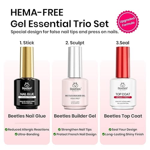 Beetles 4Pcs HEMA-Free Nail Extension Kit, 15ml Gel Nail Glue, No Wipe Top Coat, Builder Nail Gel & Liner Brush, Long Lasting for Clear Press-On Nails, DIY Home Gift for Women, U V Light Required thumbnail 2