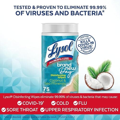 Lysol® Disinfecting Wipes, Brand New Day Coconut & Sea Minerals, (6 x 75 wet wipes) = 450 wet wipes, Pack of 6, Kills 99.99% of viruses and bacteria*, Thick Strong Wipe thumbnail 5