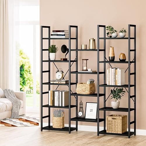 NUMENN Triple Column 5 Tier Bookshelf, Bookcase with 14 Open Display Shelves, Adjustable Rustic Industrial Style Book Shelves, Modern Bookshelves for Bedroom, Living Room and Home Office, Black thumbnail 5
