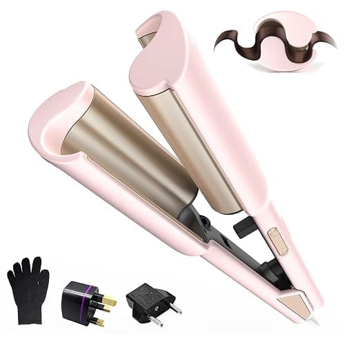 Curling Iron Hair Crimper Waver, Beach Waves Curling Wand, Waver Hair Tool, Double Voltage, Easy to Use, Pink, 1.25 Inch with UK/EU Plug - Image 1