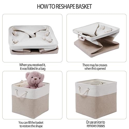 MidmmVick 11 x 11 Inch Cube Storage Bins, 6 Pack Large Collapsible Fabric Storage Bin with Ropes, Foldable Storage Cubes for Home, Office,Closet, Clothes, Toys Organizer (White & Beige-11"x11"x11") thumbnail 5