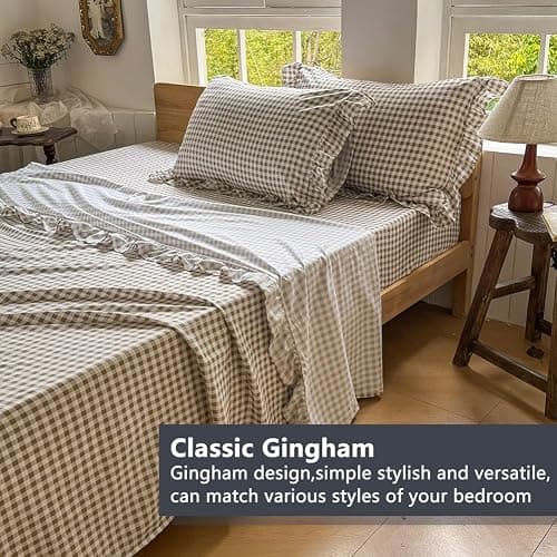 NSNLGSGC Tan Gingham Ruffle Twin Sheet Set, Taupe Soft Pre-Washed Microfiber Plaid Twin Bed Sheets, 3-Pieces Farmhouse Sheet Set with Deep Pocket thumbnail 3