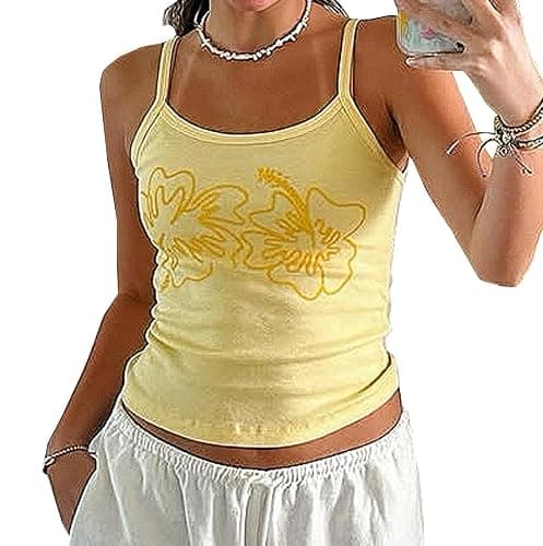 TUWIXIUW Women Y2K Hibicus Graphic Tank Tops Fitted Crop Top Spaghetti Straps Tropical Hawaii Print Vacation Cami Shirt - Image 1
