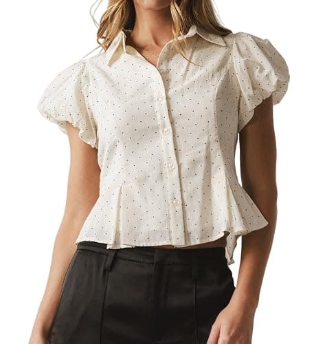 UAURORAO Women Collared Button Up Shirt Puff Short Sleeve V Neck Babydoll Blouse Ruffle Cropped Going Out Tops Teen - Image 1