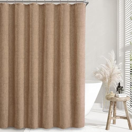 Awellife Brown Linen Style Shower Curtain Set with 12 Durable Hooks - Tan Textured Fabric Heavy Cloth Neutral Shower Curtains for Bathroom 72 x 72 Inch thumbnail 2