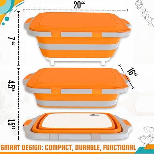 MAYALEAD BBQ Prep Tub with 2 Pcs Meat Shredder Claws, 4.22Gal/16L Collapsible Cutting Board with Locking Lids, 3 Adjustable Height – Ideal for Indoor and Outdoor (Orange) thumbnail 2