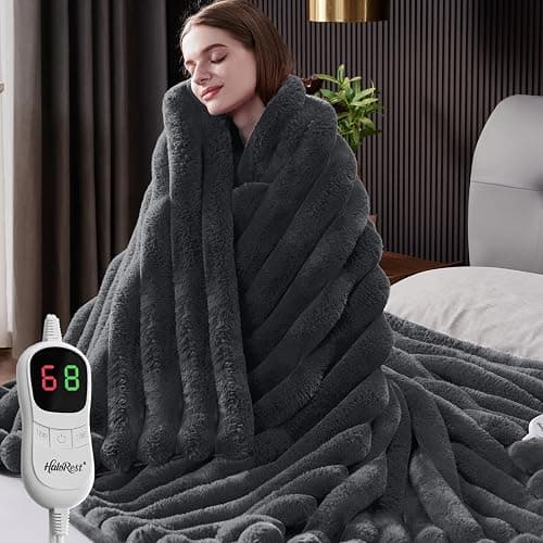 HaloRest Heated Throw Blanket, Faux Fur Cozy Heating Blanket with Overheat Protection, 1/2/4/6/8 Hours Auto-Off 10 Heat Level, Machine Washable (50x60 Inches, Darkgrey) - Image 1