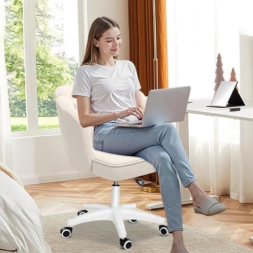HDHNBA Butterfly Wing Office Chair - Velvet Makeup Chair with 360° Swivel & Height Adjustment,Ergonomic Backrest,White - for Home Office,Vanity & Bedroom thumbnail 7
